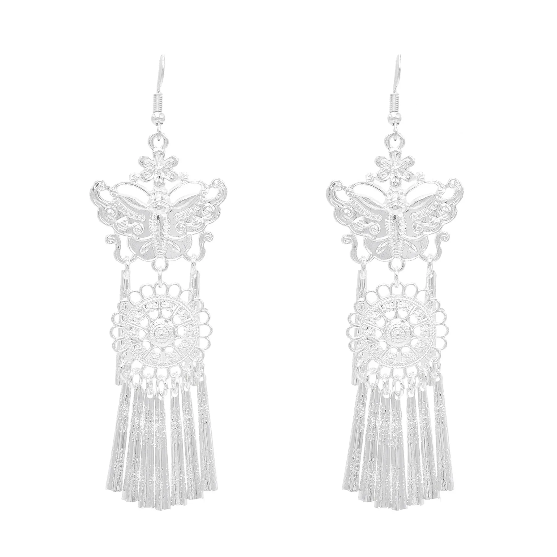 Silver Plated Fish Butterfly Flower Shaped Earrings for Women Traditional Miao Ethnic Bride Wedding Accessories Ear Jewelry