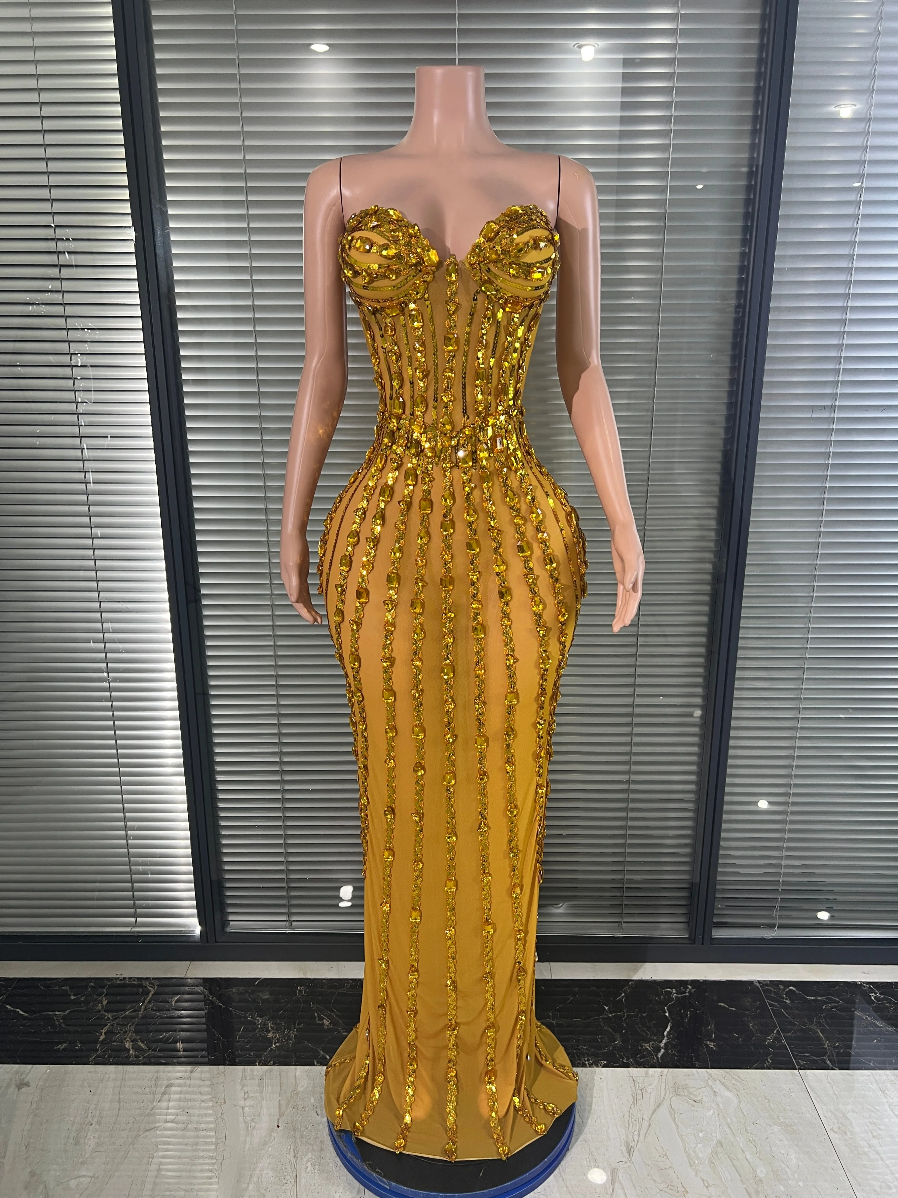 Strass-Verziertes Transparentes Mesh-Meerjungfrauenkleid, Figurbetontes Langes Abendkleid für Schönheitswettbewerbe, Geburtstage, Abschlussball, Sänger-Bühne, Formelle Anlässe und Abendpartys