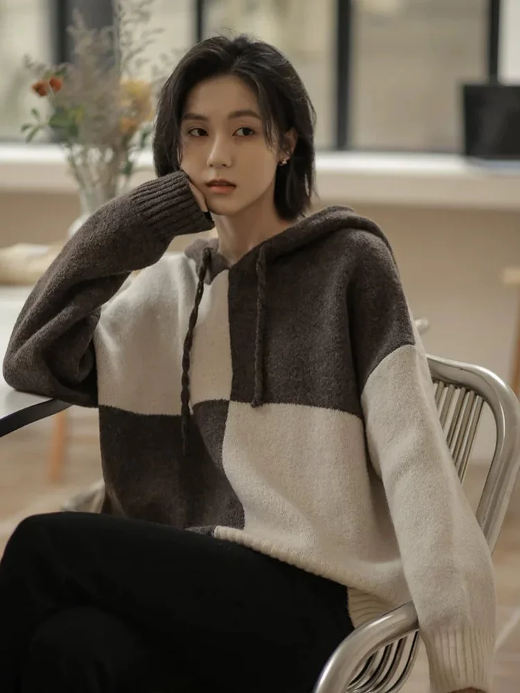100% pure cashmere hooded color matching sweater women's loose casual bottoming hoodie in autumn and winter