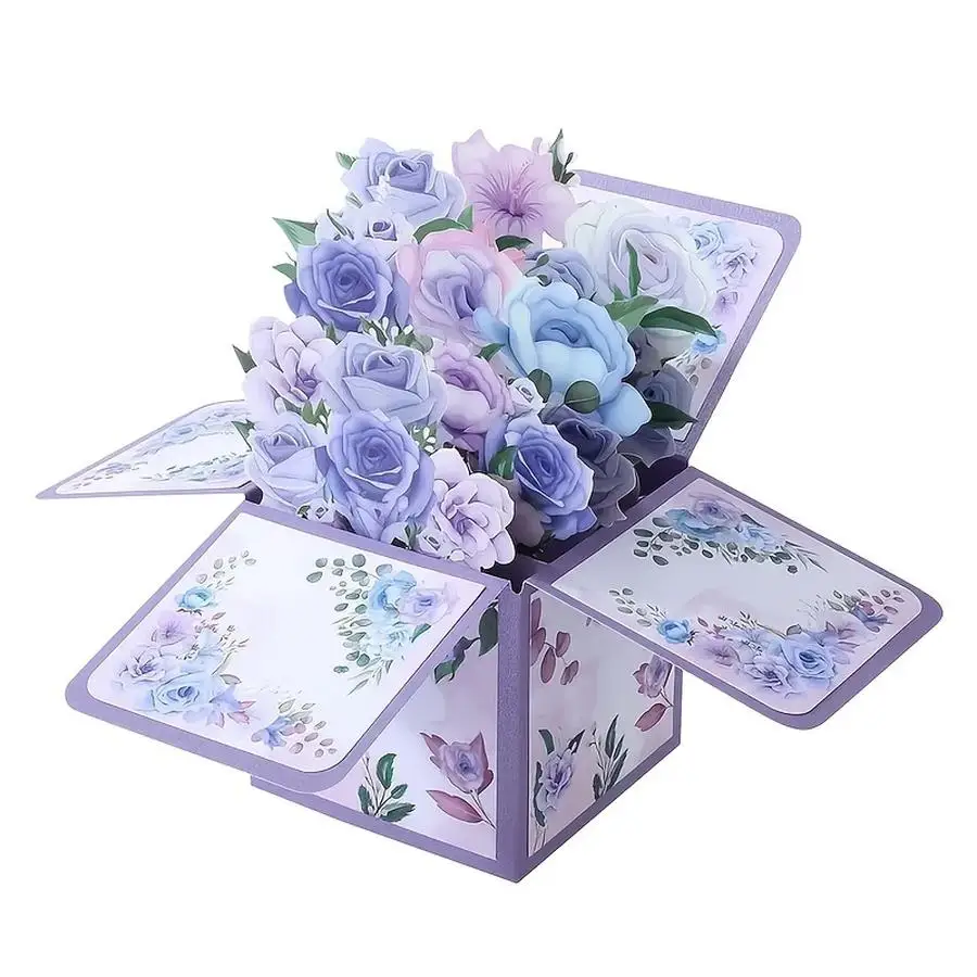 1/5/10/20/50/100pcs Mother's Day 3D Pop Up Rose Box Card, Purple Floral Greeting Card, Perfect Birthday, Anniversary & Valentine