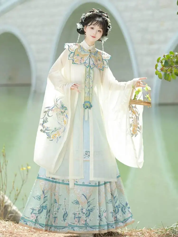 Ming Style Floral Embroidery Cloud Collar Hanfu Sheer Wide Sleeve Coat Printed Skirt Classical Dance Costume