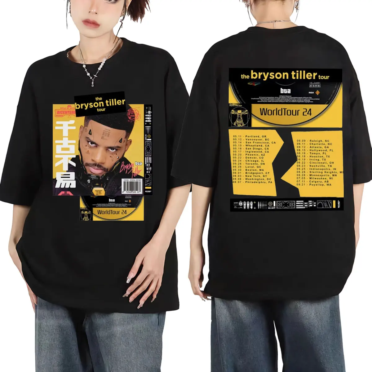 Rapper Bryson Tiller 2024 Tour Double Sided Graphic T Shirts Harajuku Hip Hop Rap T-shirt Fashion Y2k Oversized T-shirts Unisex