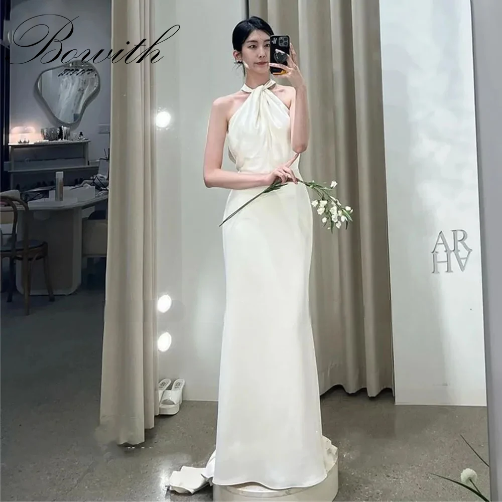 

Bowith Simple Mermaid Korean Wedding Dress Photoshoot Halter Satin Floor Length Bridal Gown Sleeveless Backless 웨딩드레스 Customized