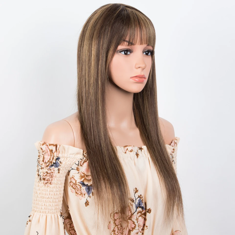 Lekker Highlight Brown Bone Straight Human Hair Wigs With Bangs For Women Brazilian Remy Hair Full Machine Made 28'' Long Wigs