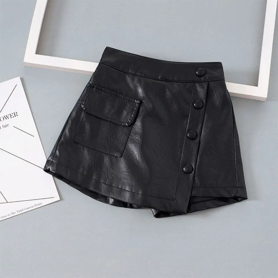 

2023 new Spring Autumn Girls Kids Pocket buttons PU Faux Leather Shorts Baby Children Trousers Children Clothes 2-12T