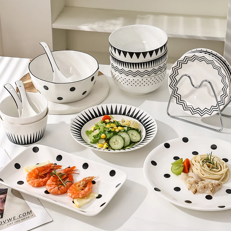 Large Fish Tray, Flower Shape Plate for Food, Polka Dot Pattern, Household Kitchen Ceramic Dinnerware, Bowl Dishes Set