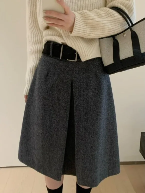 Gonna a trapezio a vita alta Ele Gonna coreana Sle da donna Autunno Inverno Nuova gonna in misto lana Faion con cintura