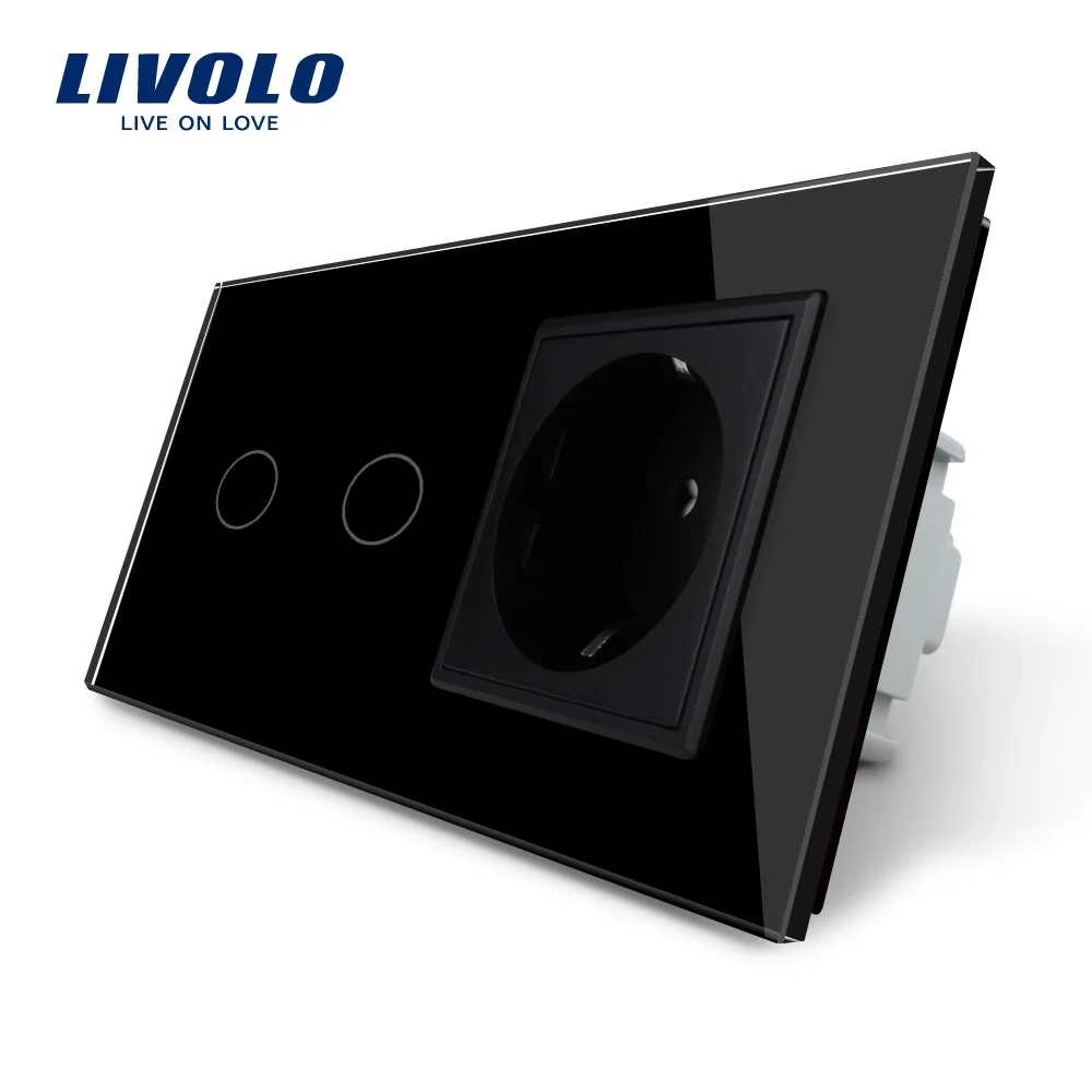 LIVOLO Free Shipping, Touch Switch, Black Crystal Glass Panel, AC 110~250V EU Standard Wall Socket , VL-C702-12/VL-C7C1EU-12