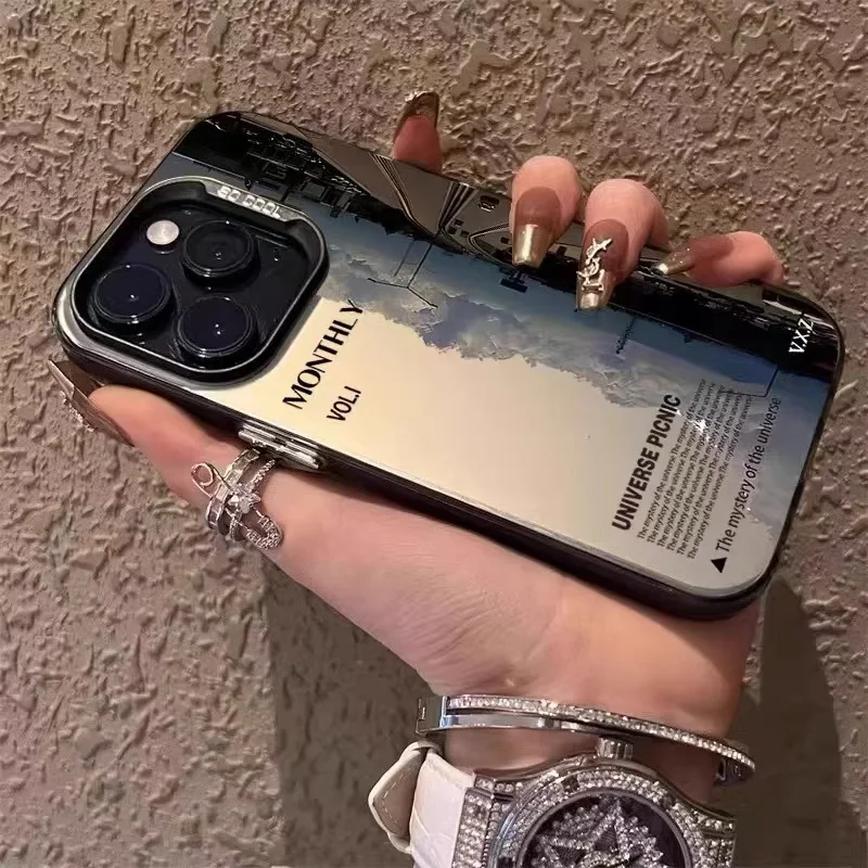 Funda de teléfono con diseño de paisaje de carretera para IPhone 15 Pro Max 14 13 12 11 XS XR, cubierta de marco de espejo chapado con simplicidad creativa
