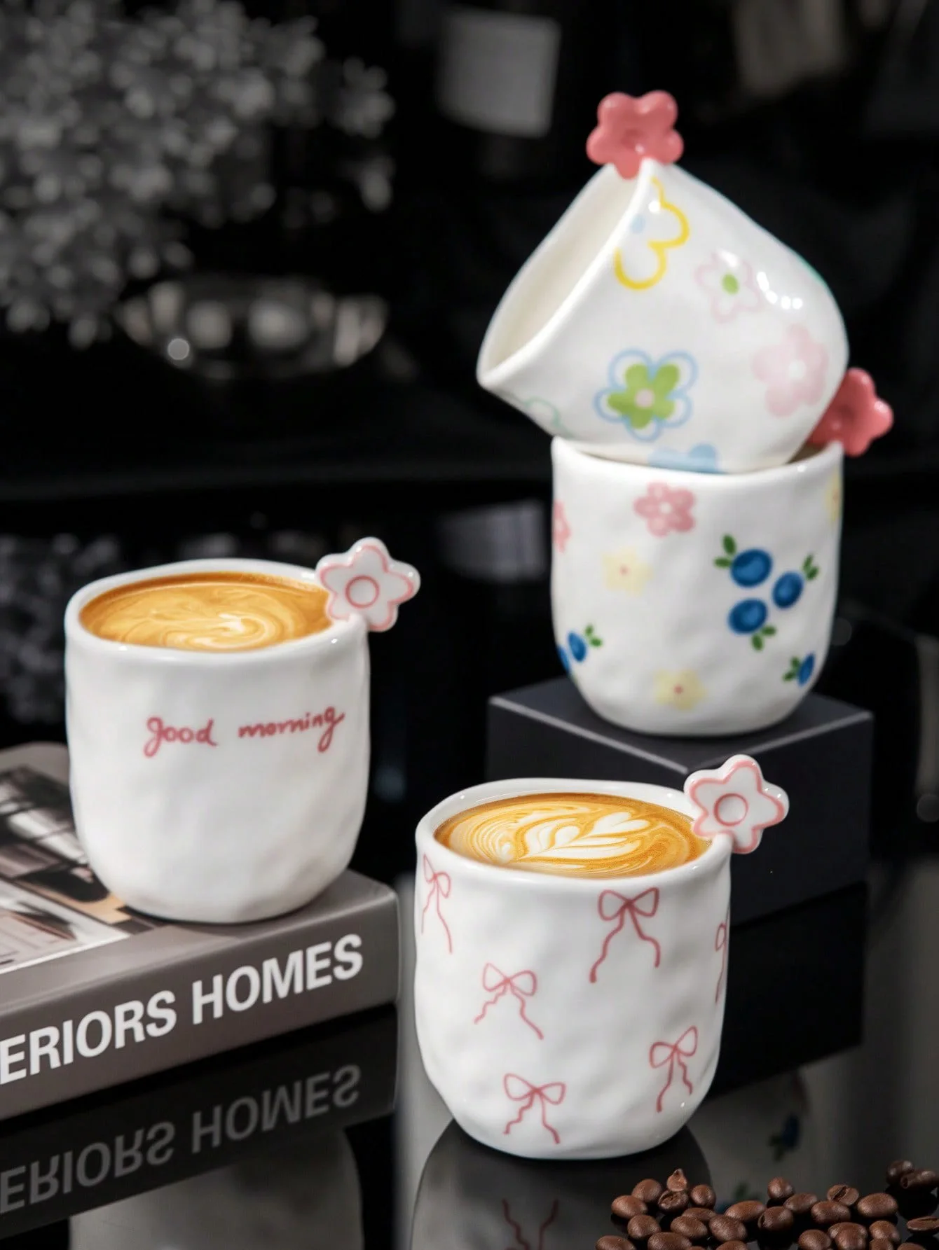 1pc Ceramic Coffee Cup, Cup With Three-dimensional Flower Decoration, Fresh And Cute Style Mug