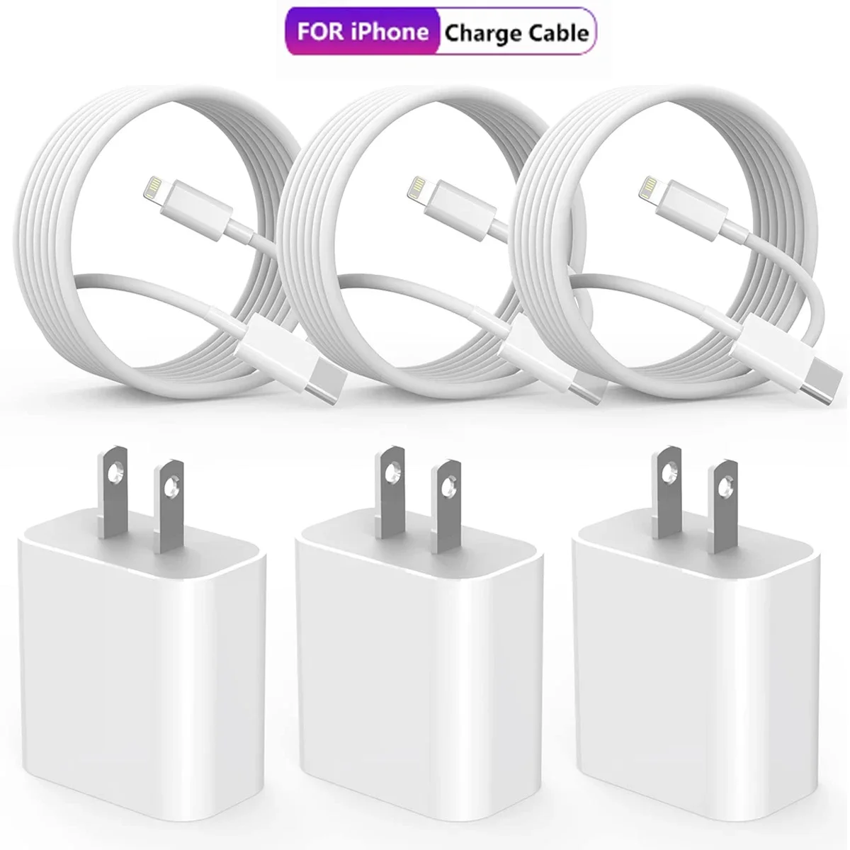 Cargador rápido con puerto USB C para iPhone, accesorios de Cable de carga rápida, 20W, EE. UU., 14, 13, 12, 11 Pro Max Plus, XR, Xs, 7, 8, 3,3 pies, 1-3 juegos