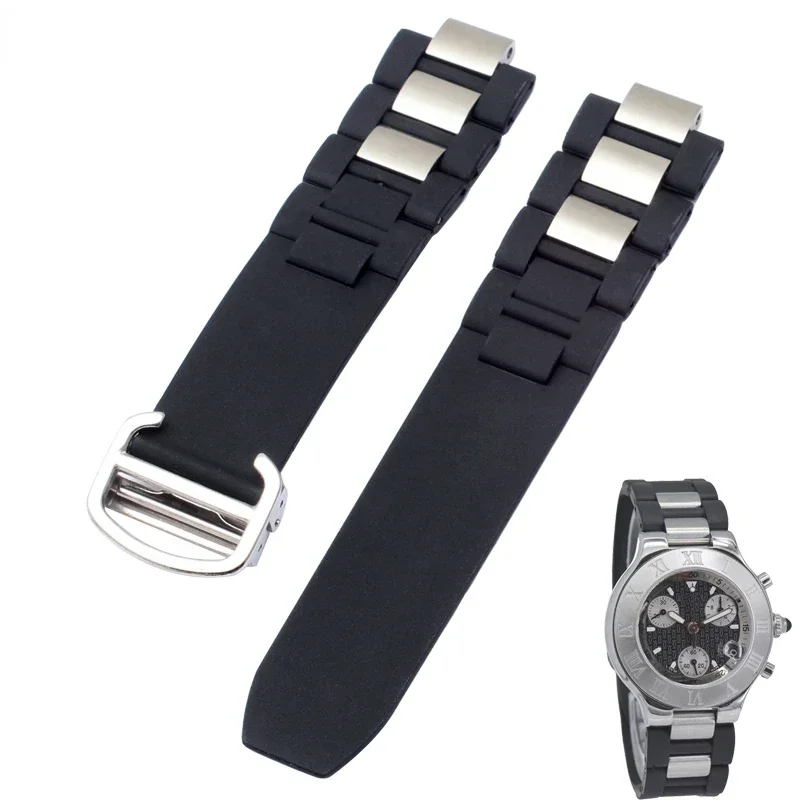 Raised Mouth Silicone Strap for Cartier 21th Century Folding Buckle Black White Rubber Watchband Accessories 20 * 10mm