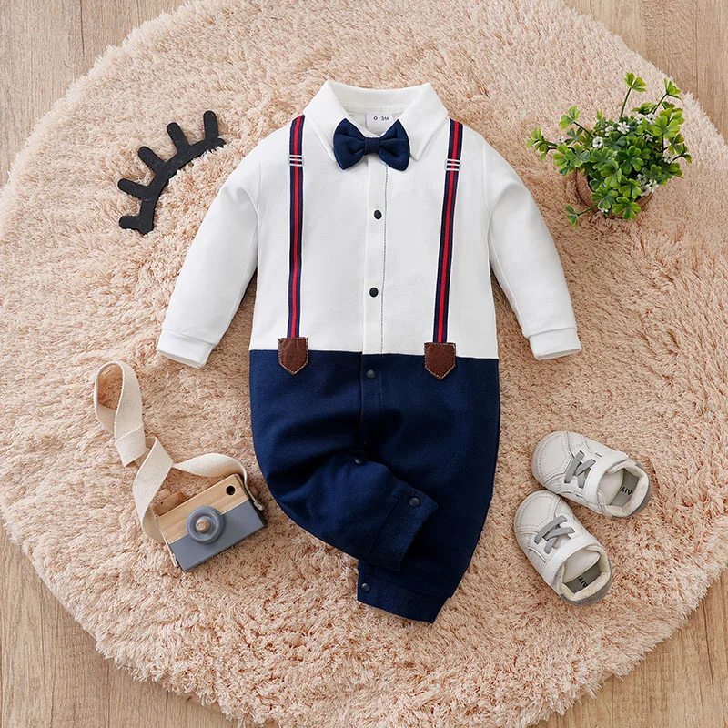 

Newborn Spring and Autumn Long sleeved Gentleman BowStrap Pants jumpsuit Party Role Playing Baby Boys Bow Birthday Suit 0-18M