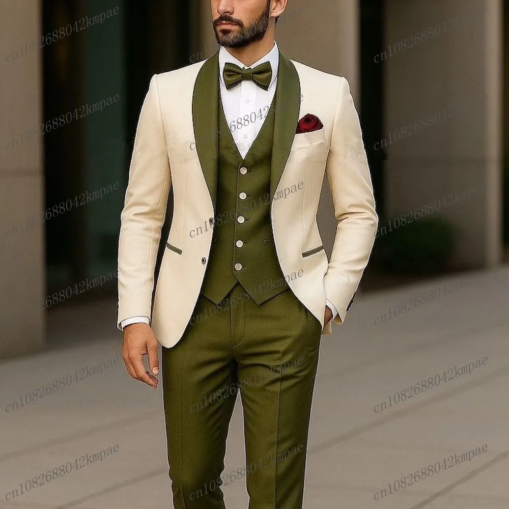 

New Ivory And Army Green Formal Men Suit Groom Groomsman Wedding Party Prom Business Male Tuxedos 3 Piece Set Blazer Vest Pants