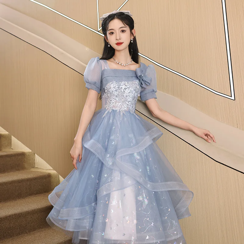 Fashion Blue Prom Dresses Square Collar Appliques Flounce Organza Princess Ball Gowns Women Formal Party Evening Dress