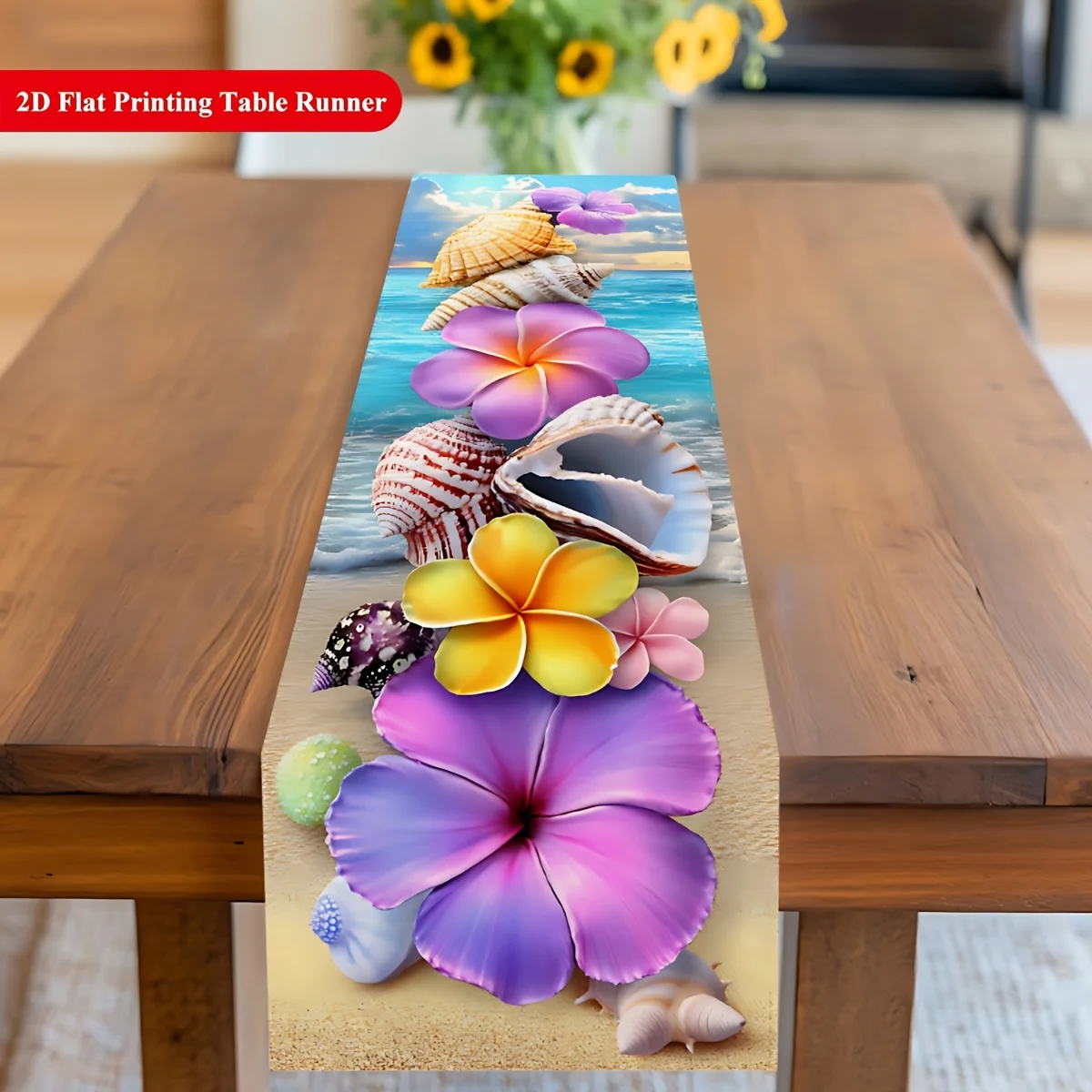 Chemin de table tropical en forme de coquillage, hibiscus et feuille de palmier, multicolore, décoration de plage et de bord de piscine, 1 pièce