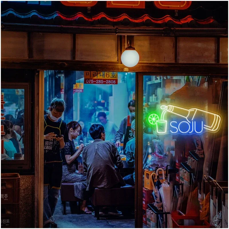 Soju LED papan Neon bir Korea, lampu sein Neon Led kustom untuk dekorasi Bar, dekorasi dinding, tanda pesta Bisnis