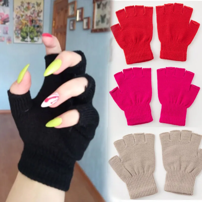 

1 Pair Of Colourful Short Half Finger Knitted Wrist Gloves Winter Warm Stretch Work Gloves Men and Women Outdoor Cycling Gear