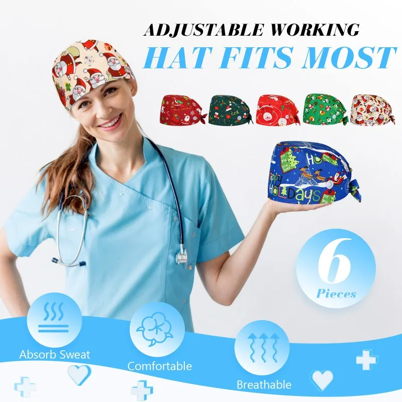 Doctor Operating Room Pattern Printed with Buttons Nursing Head Cap Lab Scrub Pet Hospital Surgical Hat Unisex Dentist Scrub Cap