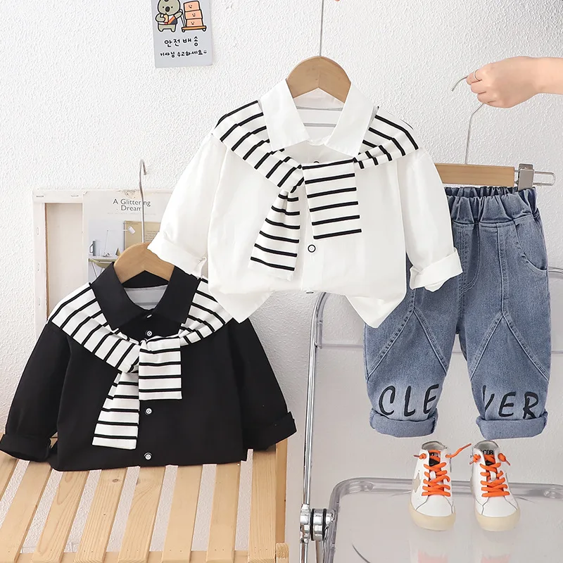 Spring Autumn New Baby Boys Clothing Set Stripe False Two-Piece Shirt+Letter Print Jeans 2Pcs For 1-5 Years Kids Casual Outfit