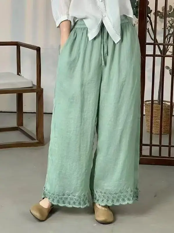 

Широкие брюки с художественной вышивкой, тонкие хлопковые и льняные повседневные брюки свободного покроя с прямыми штанинами для женщин больших размеров