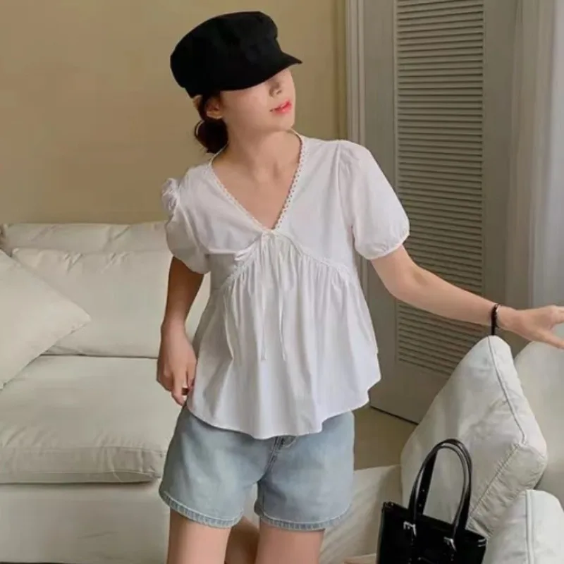 

Women's Summer Lace Trim V-Ne Loose Fit Chiffon Top Tied Waistline Thin Material Faionable Korean Sle Office Wear