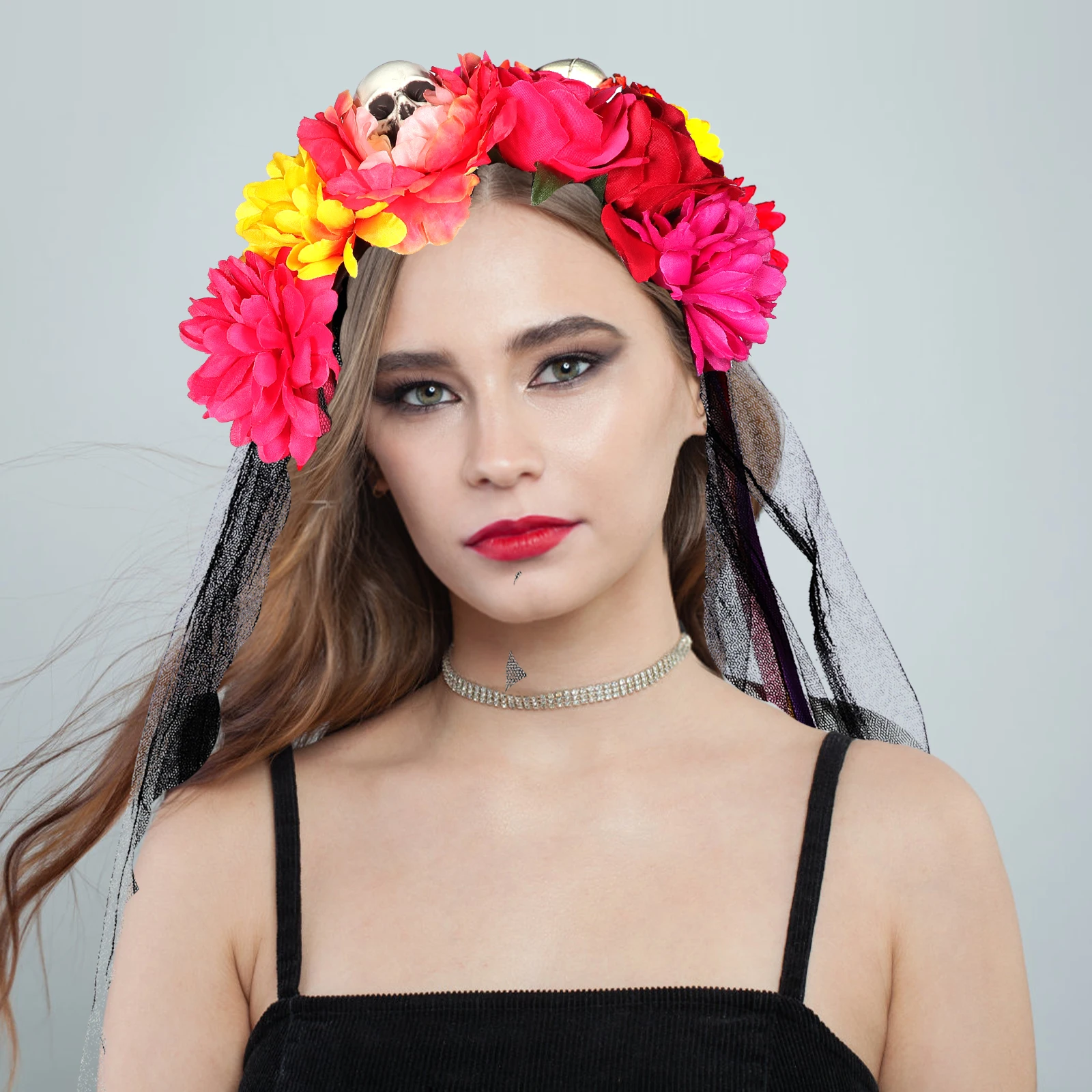

Skull Headband with Veil Simulated Flower Party Headgear Halloween Floral Plastic Headdress