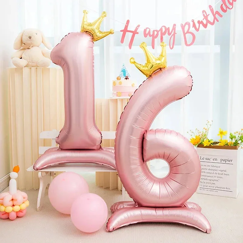 32 Inch Standing Crown Digital Aluminum Film Balloon Blue Pink Standing Digital Balloon Birthday Party Decoration Arrangement