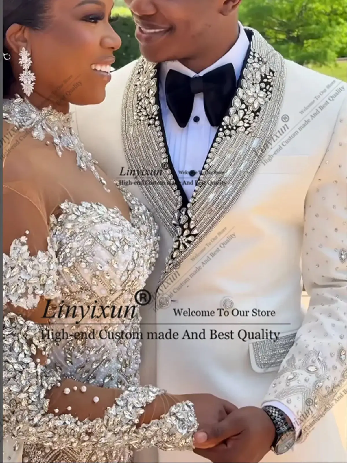 

Luxuty Diamond Men Suits Shawl Lapel Groom Wedding Tuxedos 2 Pieces Sets Male Prom Blazer Slim Customized trajes para hombre