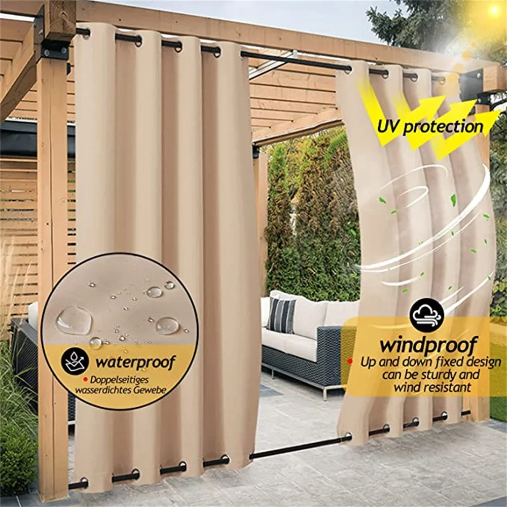 Customized Blackout Waterproof and Windproof Outdoor Curtains Top and Bottom Grommets Solid Color Curtain for Gardens/Balconies