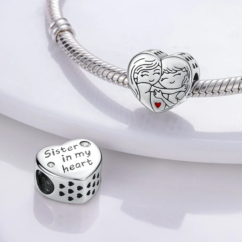 New 925 Sterling Silver Charm Beads Family Sister Love Heart Beads Fit Original Bracelets DIY Pendant Woman Jewelry Gift