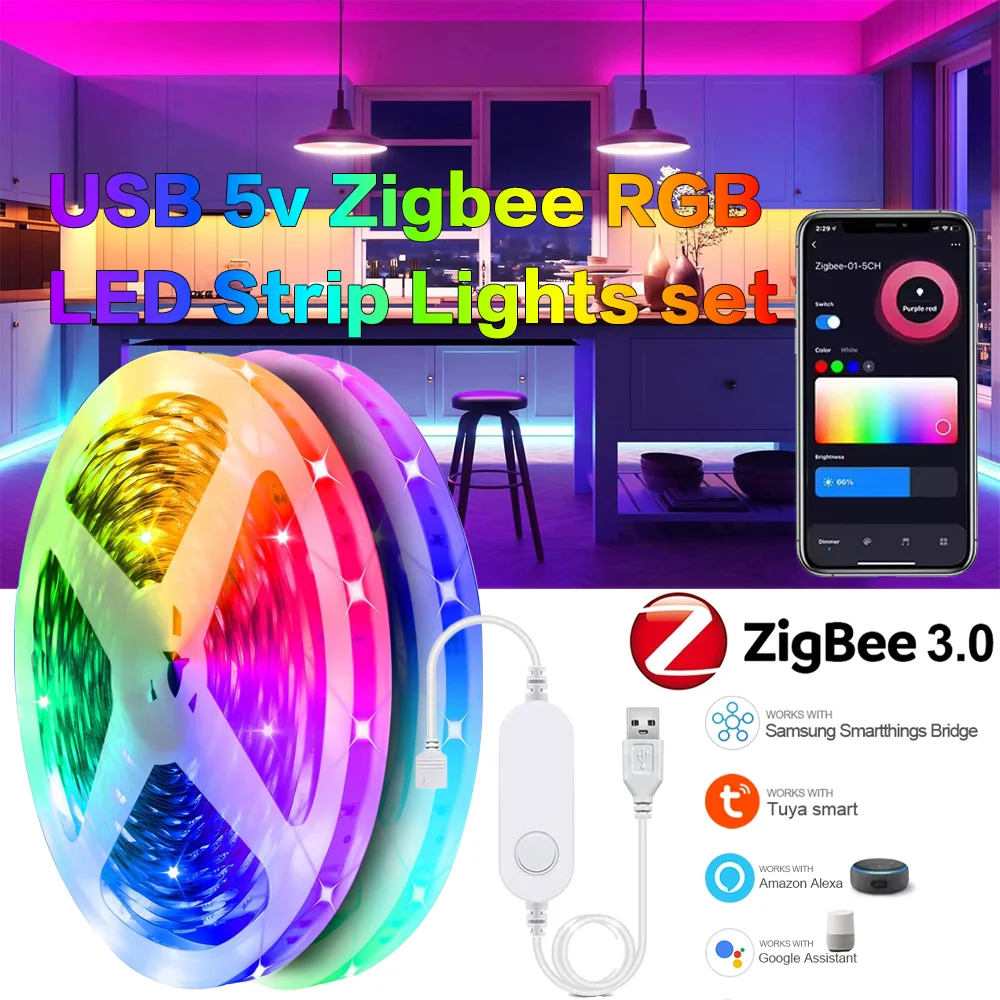 5V USB LED Strip RGB Light Tuya Zigbee 3.0 Smart Control Flexible Led Tape Adhesive TV Backlights Decor Work for Alexa Google