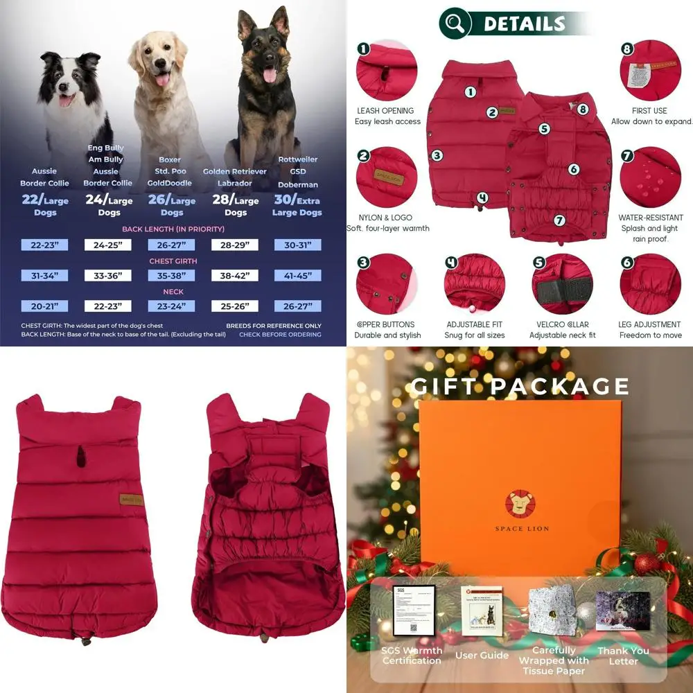 

Red Winter Dog Coat, Lightweight & Durable for Outdoors, Adjustable for Large Dogs, Size 28/4XL