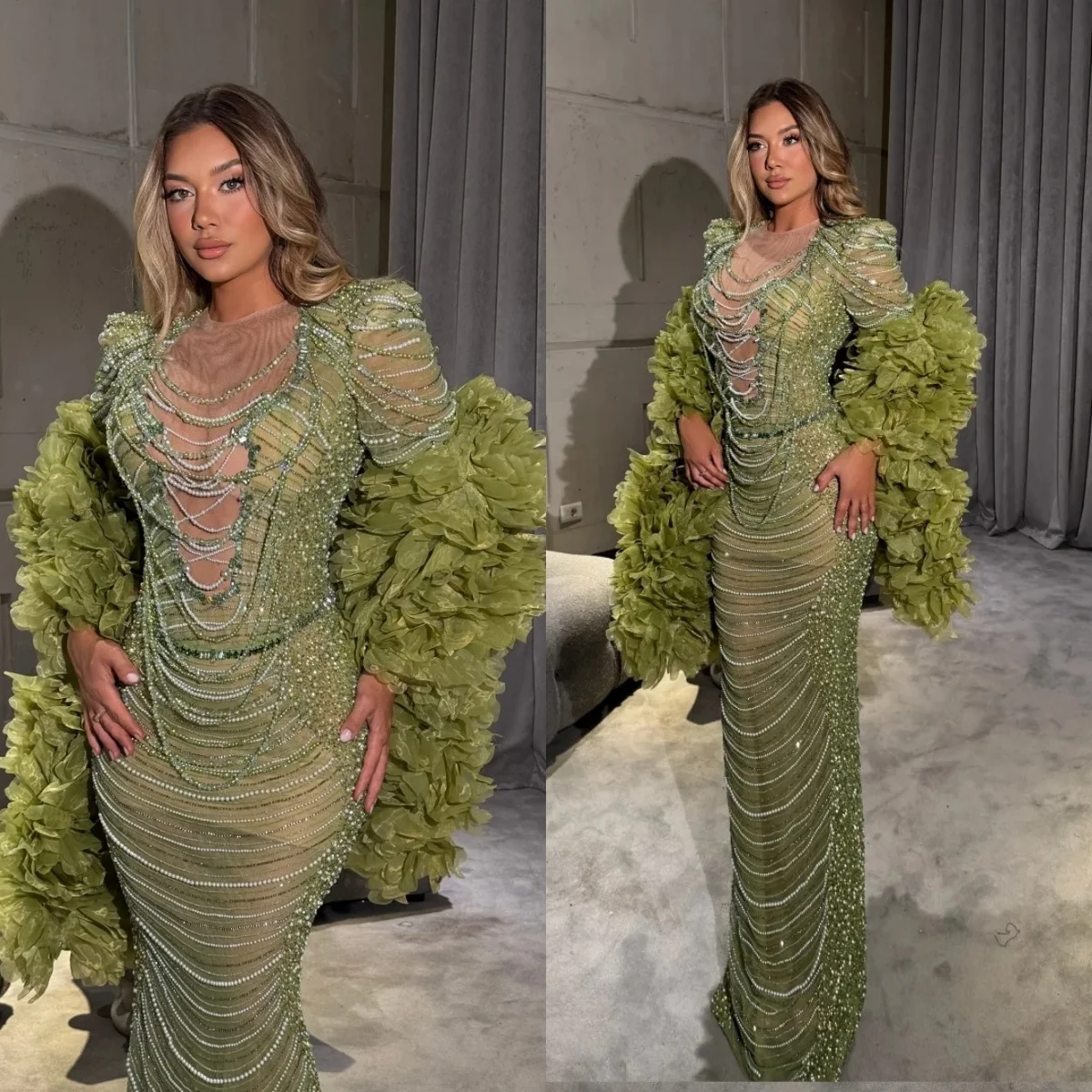 

Exquisite O Neck Evening Dresses Beading Prom Dress Ruffle Detachable Train Illusion Mermaid Party Gowns Vestidos De Noche