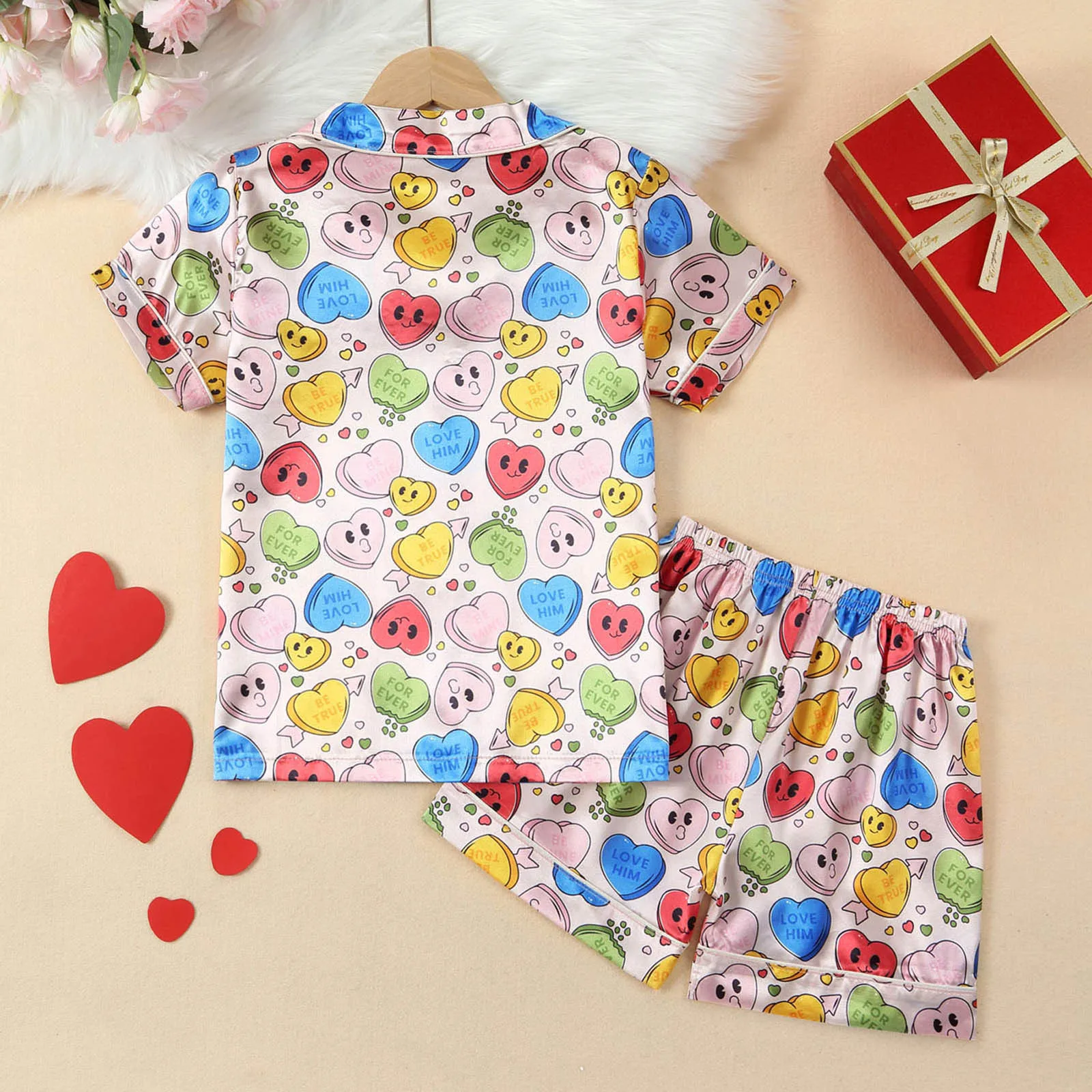 Children Silk Satin Pyjamas Set Baby Boy Girl Cute Printed Sleepwear Pijama Top Pant Short Sleeve 2pcs Nightgown Kid Loungewear