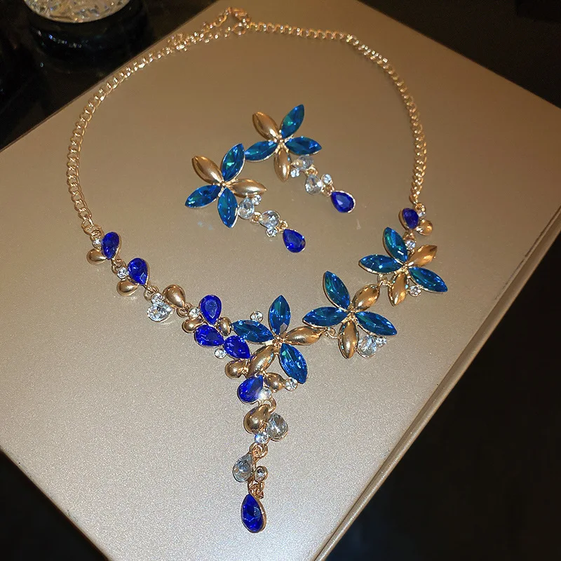 Inlaid Rhinestone Flower Tassel Earrings Necklace Two-piece Set Elegant Collarbone Chain Mesh New Dainty Blue Accessories