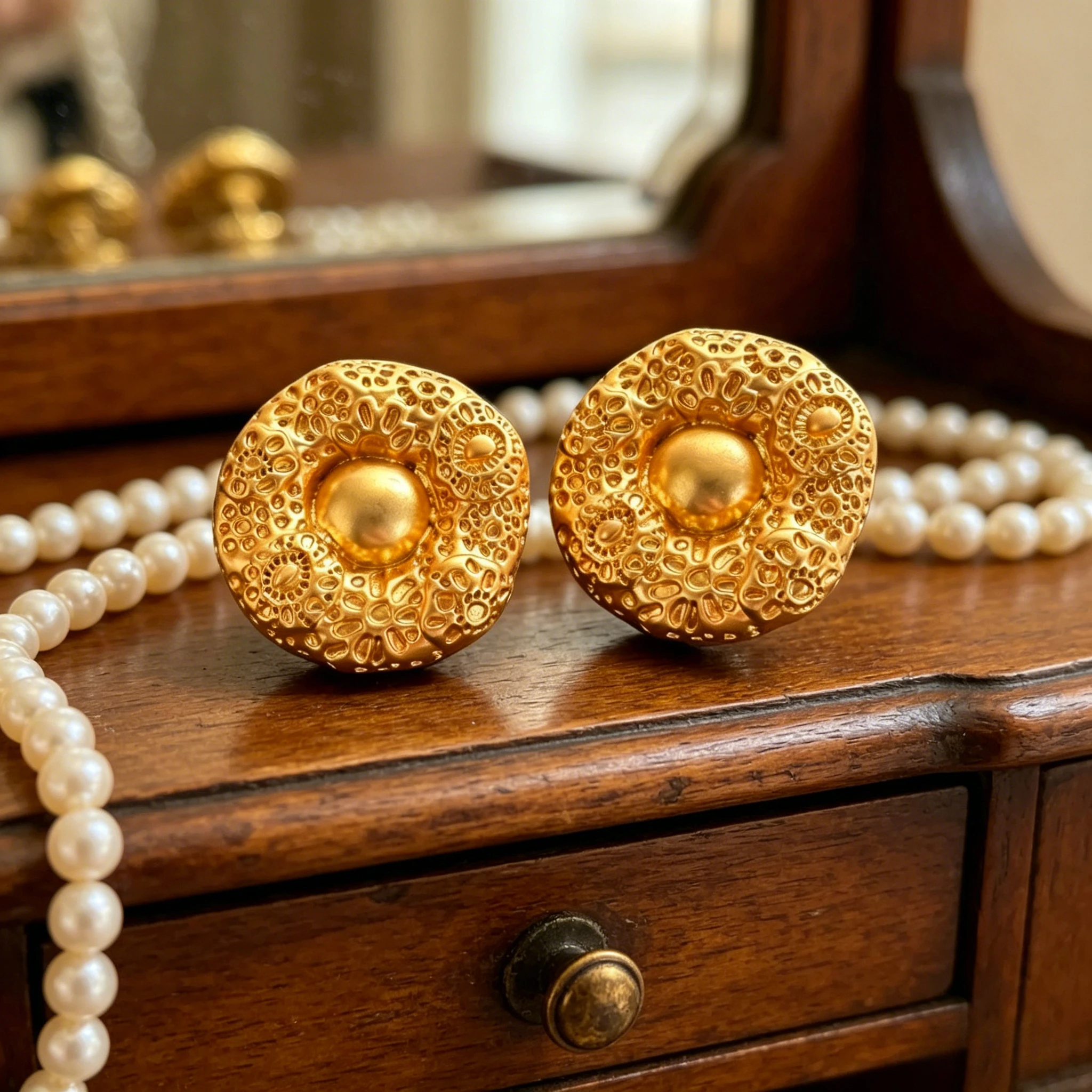 Vintage Fashion Jewelry Minimalist Geometric Irregular Round Button Thick Gold Concave Convex Pattern Stud Earrings for Women
