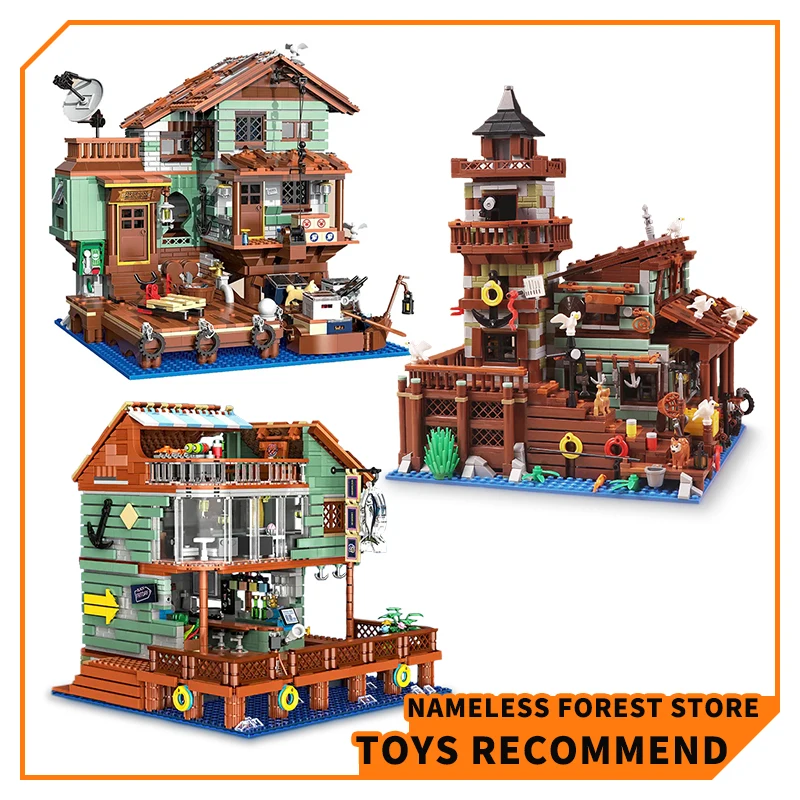 City Fishing Village Wharf Micro Bricks House Model Street View Store Toys Fisherman Shop MOC Building Blocks Kids Adult Gifts