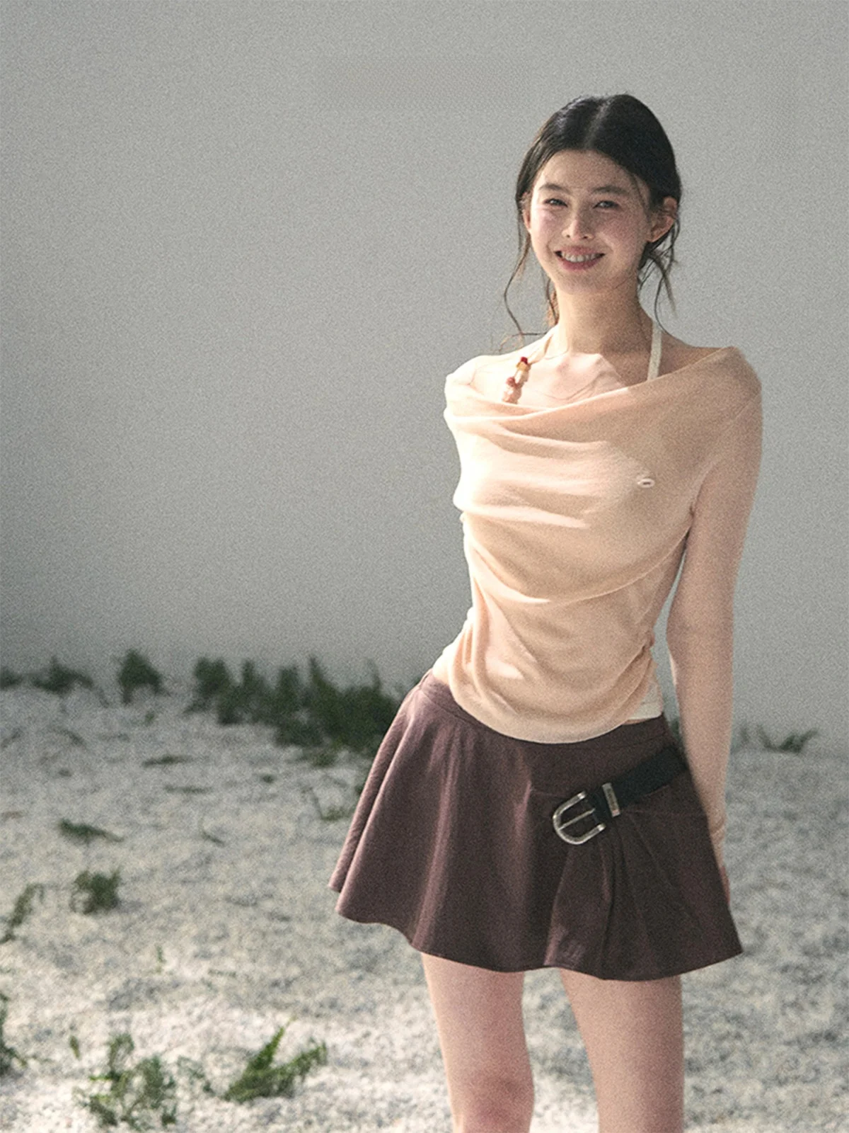

Sweet Style Women's T-shirt AOMALM Long Sleeve Neck Hanging Shoulder Drop Waist Spring Fashion Ruched Top Comfortable Fit Cre...