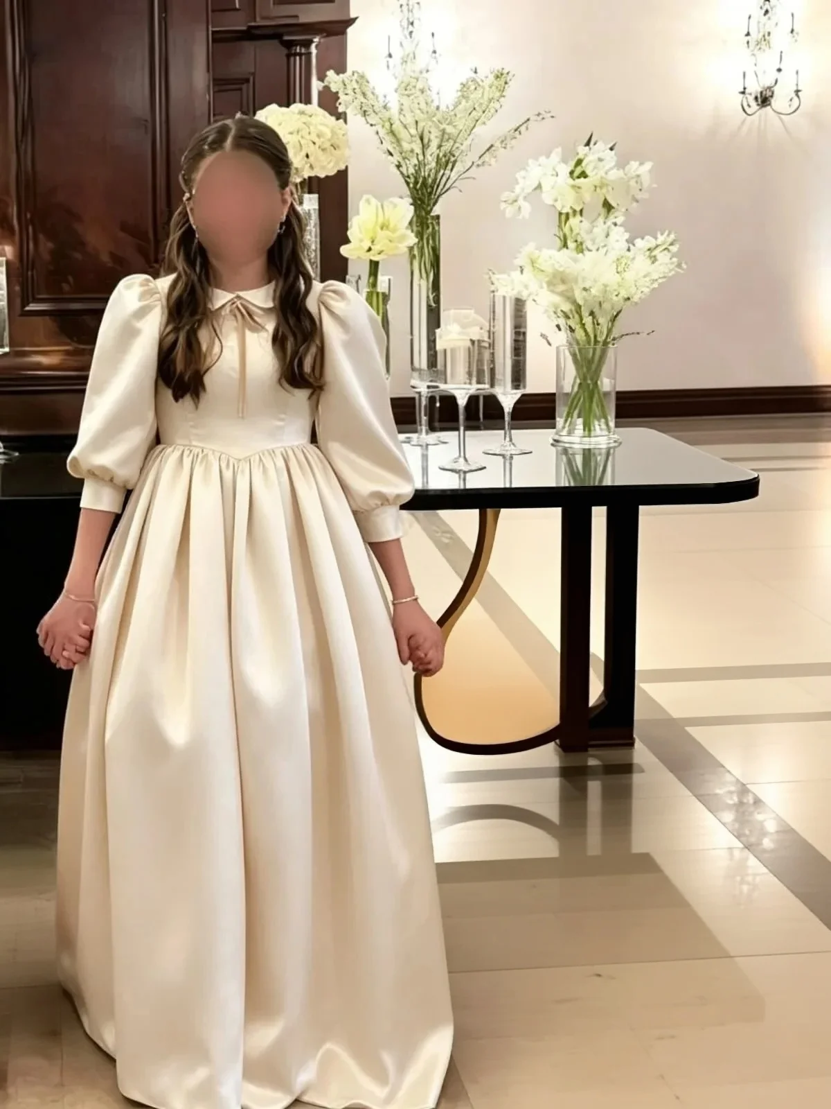 Custom light luxury dress women wedding guest gown girls wedding gown birthday party pageant puff sleeve satin bow tie long gown