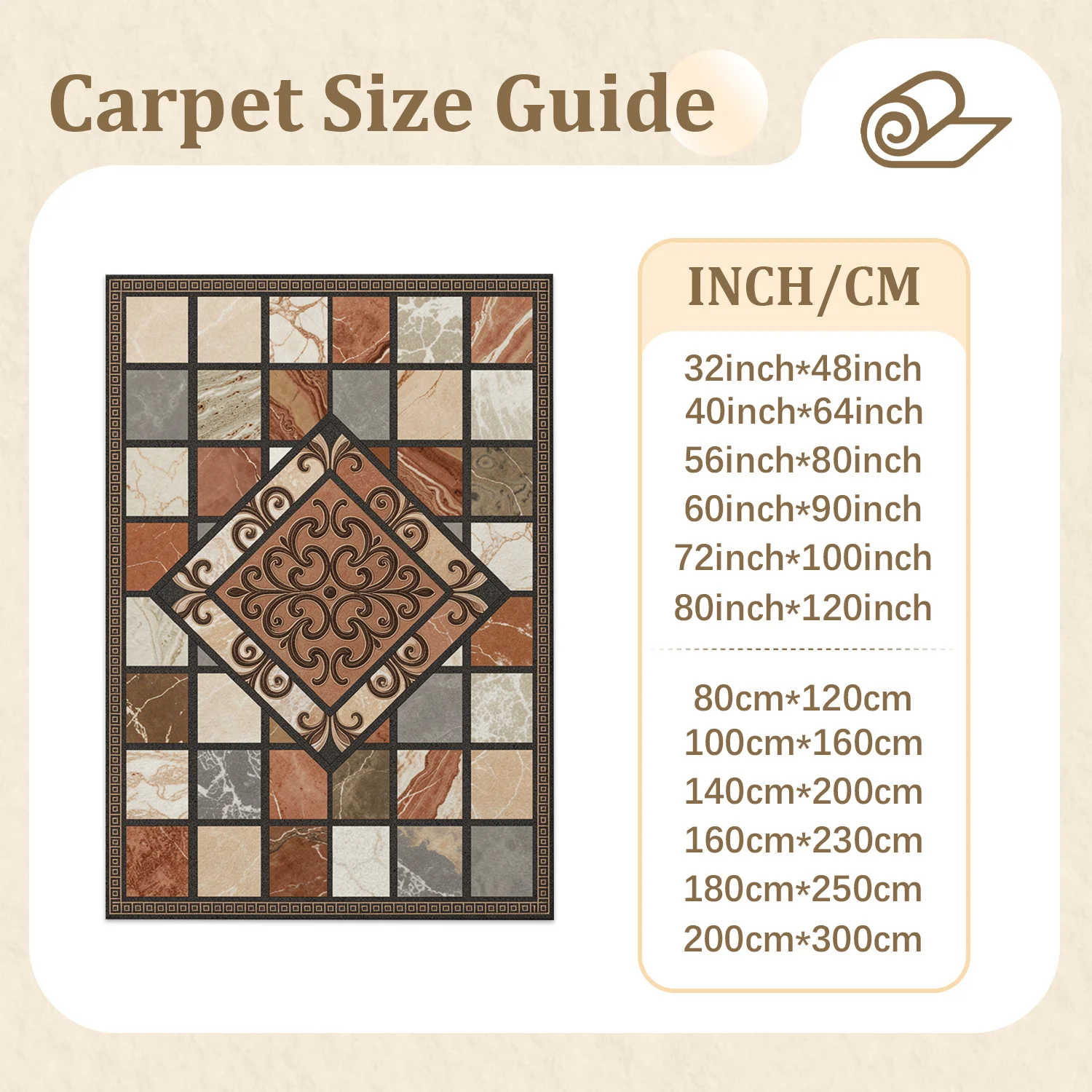 Ornate Mosaic Marble Tile Pattern Area Rug, Velvet, Machine Washable, Resists Shifting, Suitable for Living Room, Bedroom, Entryway, Dining Room, Ideal for Halloween, Thanksgiving, Black Friday, Christmas, New Year Home Decor