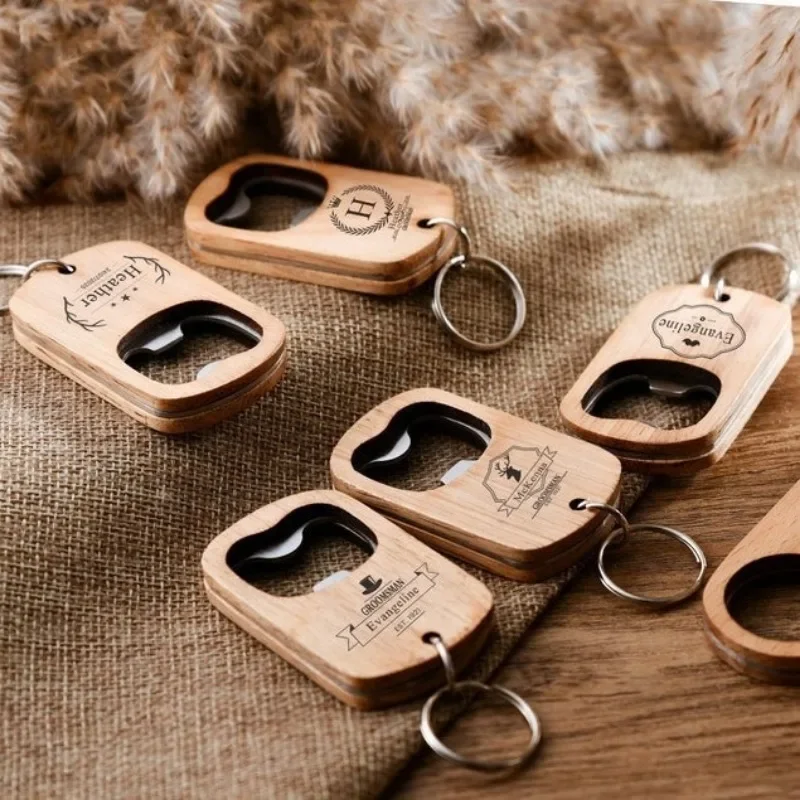 Custom Name Beers Bottle Opener Wooden Keychain for Wedding Laser Engrave Car Logo Key Chain Vintage Personalize Wood Keyring