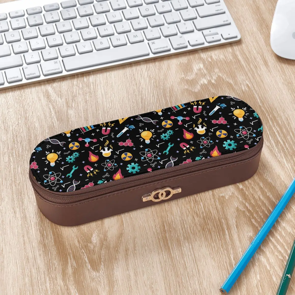 STEM Icons Pattern Science Engineering Etc Leather Pencil Case Pen Holder Storage Stationery Supplies Pen Box