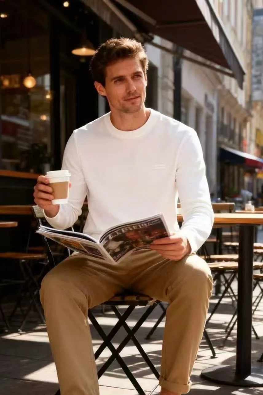 

Italian Luxury Men's Long Sve round Ne T-irt Velvet Surface Base Layer Top Faionable Striped Color Simple Design