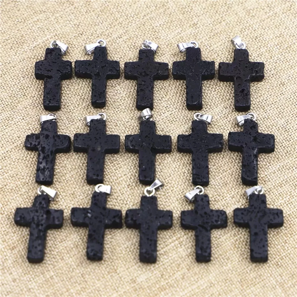 

12pcs 25x18mm Cross Charms Black Lava Stone Pendants for Necklace Jewelry Making Wholesale