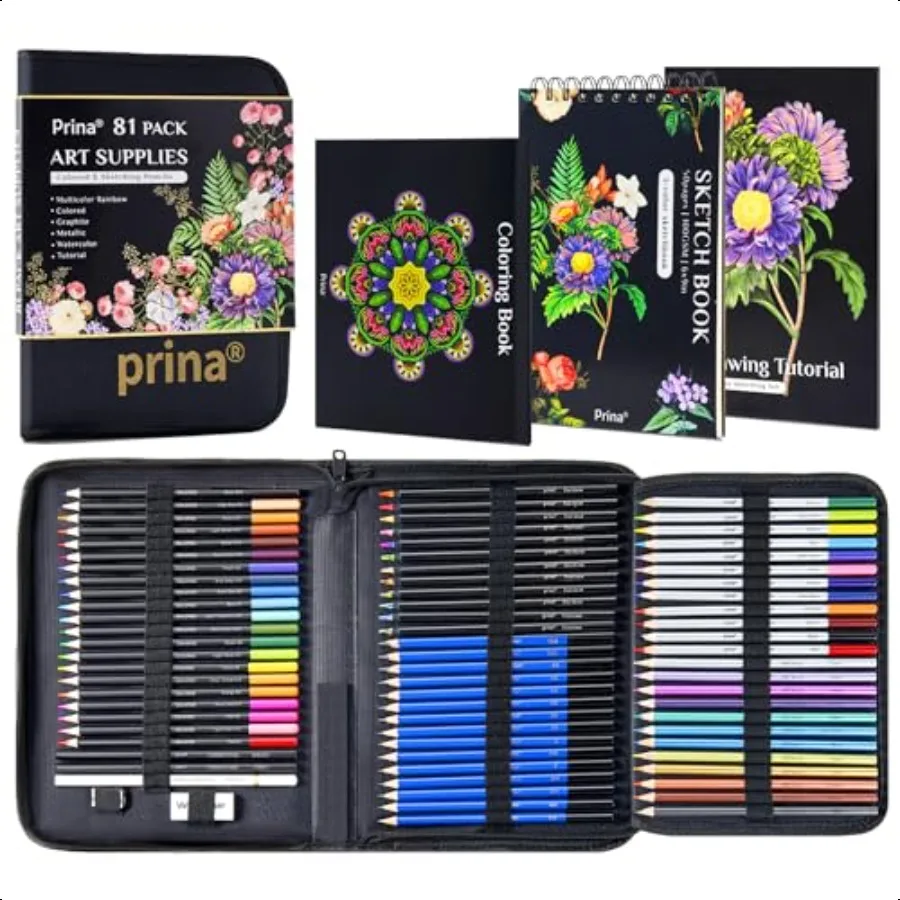 Juego de 81 dibujos, Kit de bocetos, lápices de bocetos profesionales, papeles artísticos con grafito de colores arcoíris, acuarela, lápiz de carbón metálico Ske
