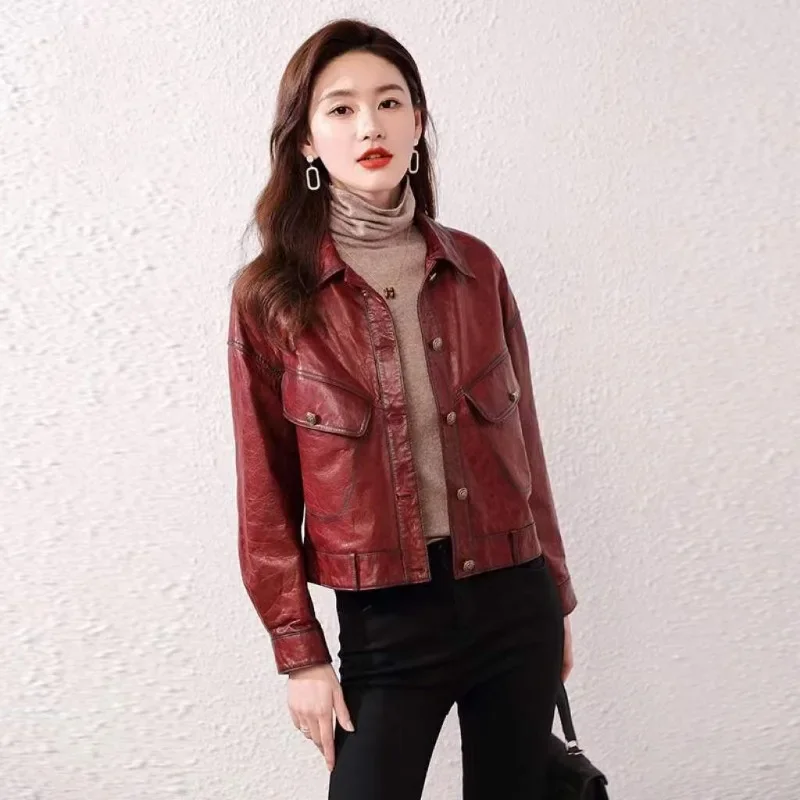 Spring Autumn Natural Leather Jacket Women 2023 Wine Red Fashion Real Sheepskin Oil Wax Leather Coat Female Clothing Veste Femme