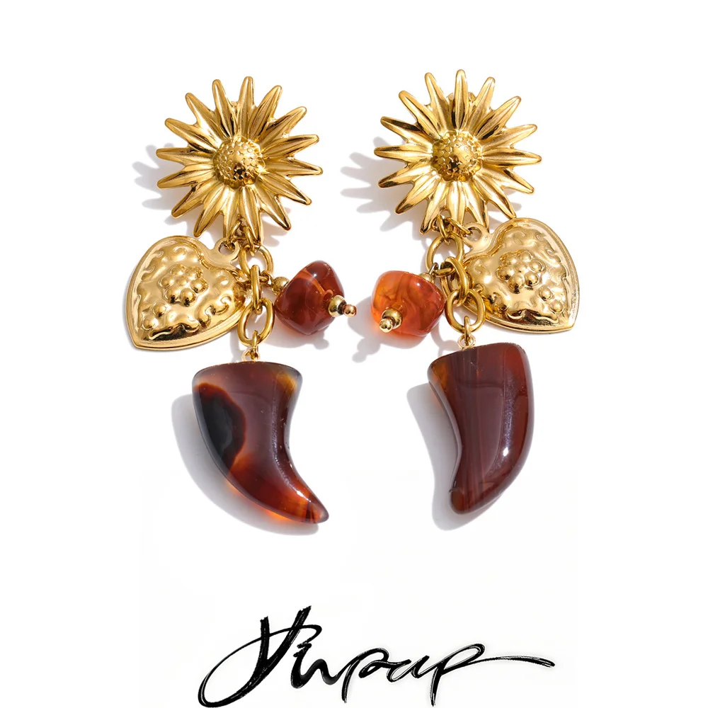 Yhpup Flower Horn Drop Dangle Earrings for Women Handmade Vintage Resin Acrylic Hear Autumn Winter Style Stylish Jewelry 2025