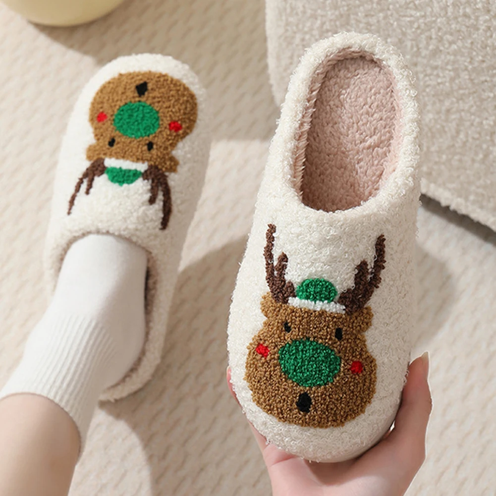 Christmas Deer Slippers Slip-On Comfy House Slippers Anti Slip Women Men Bedroom Slipper Women Fuzzy Fluffy Slippers for Winter