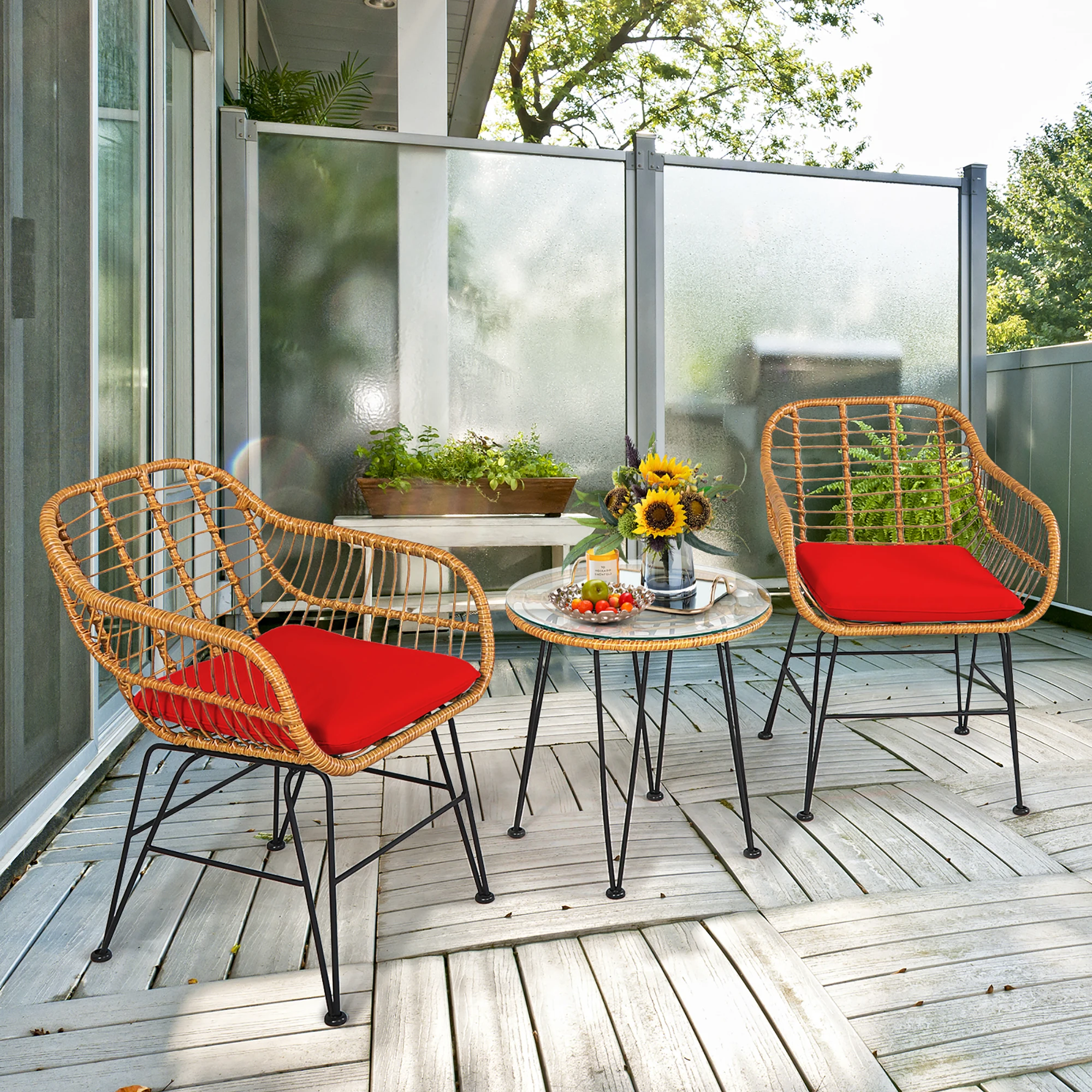 

3PCS Patio Rattan Bistro Furniture Set Cushioned Chair Table Red